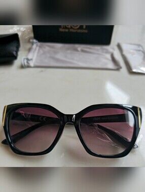 NWT New Horizons Cateye Black Acetate Sunglasses With Gold Accents